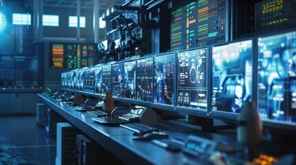 Poster - High-Tech Control Room with Multiple Monitors