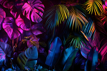 Wall Mural - Tropical dark trend jungle in neon illuminated lighting. Exotic palms and plants in retro style.