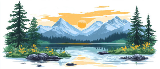 Wall Mural - A serene sunset view over a mountain lake surrounded by evergreen trees and wildflowers in a tranquil landscape scene