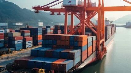 Poster - Container ship is being loaded with cargo containers by a gantry crane at a busy port with mountains in the background