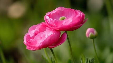 Poster - Beautiful pink ranunculus flowers blooming in a verdant garden during the spring, showcasing delicate petals and vibrant colors