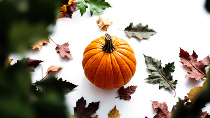 Sticker - Orange Pumpkin with Autumn Leaves