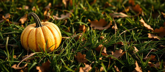 Poster - Single Pumpkin in Fall Grass