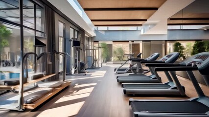 Poster - Sleek treadmills in a modern gym with sunlight streaming through panoramic windows, creating an inviting space for a workout. Tranquil empty gym with wooden floors ideal for a healthy lifestyle