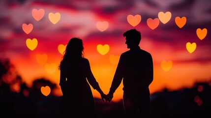 A couple holds hands at sunset amidst heart-shaped bokeh lights in a romantic sky of pink and red hues. Generative AI