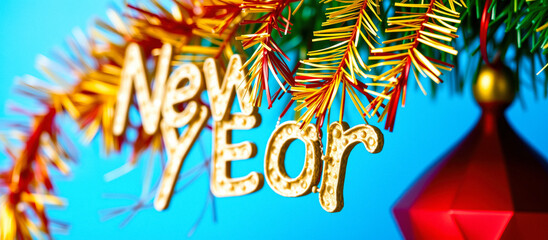 Wall Mural - New Year's Eve Decoration with Gold Letters and Red Ornament