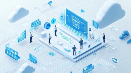 Poster - digital transformation in a modern workspace with professionals collaborating on technology solution