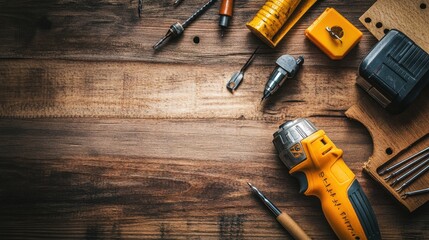 A DIY workspace featuring tools and supplies, such as wood, nails, and a power drill, creating a perfect environment for home improvement projects.