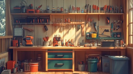 A DIY workspace featuring tools and supplies, such as wood, nails, and a power drill, creating a perfect environment for home improvement projects.