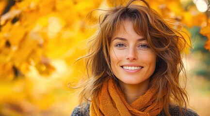 Wall Mural - Happy young woman smiling in autumn forest enjoying warm weather