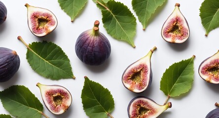 Poster - Fresh figs with green leaves on white background. Top view flat lay