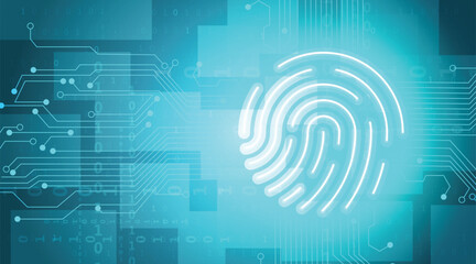 Poster - Fingerprint identity scanner icon with  binary coding processing over blue background. online cyber security concept.Vector illustration