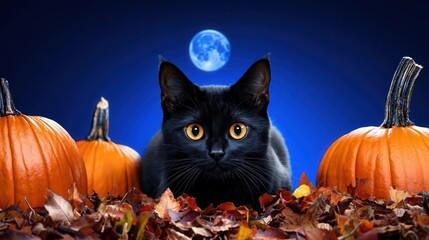 Black cat creeping through a fogcovered pumpkin patch, its glowing eyes fixed on the full moon