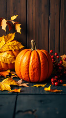 Wall Mural - Orange Pumpkin on a Wooden Table with Autumn Leaves