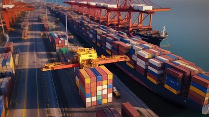 Poster - Aerial view of a container ship being loaded with cargo containers at a busy port terminal, with cranes moving containers around