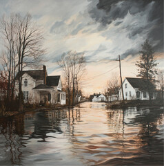 A flooded rural town with houses and bare trees under a cloudy sky, the water reflecting the buildings and sky