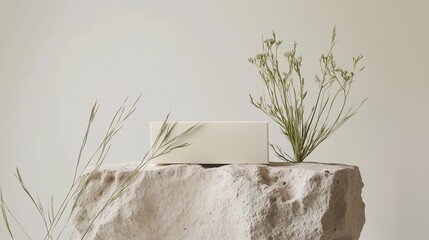 Poster - A minimalist display of a white rectangular object atop a textured stone with delicate greenery against a neutral backdrop