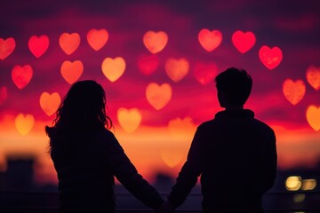 Couple holding hands at sunset with heart-shaped bokeh lights in a vibrant pink and red sky. Generative AI