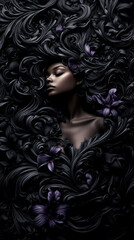 Wall Mural - A woman is depicted in a black and purple flowery pattern. The image is a black and white photo of a woman with a flowery pattern