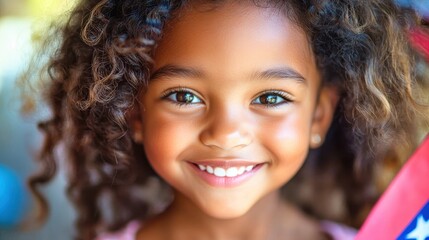 Young girl smiling and holding american flag