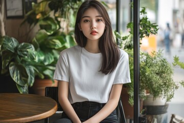 portrait of beautiful asian woman wearing blank white t-shirt mockup, sitting at the table coffee shop