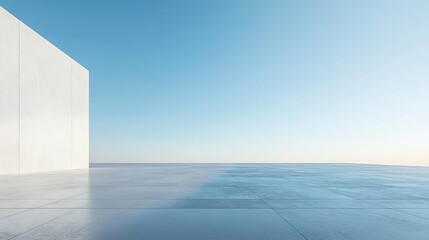 3D render of a modern minimalist abstract futuristic architecture with a car park, and empty concrete floor on a blue sky background. Modern white abstract shapes for product presentation, or display.