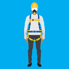 Wall Mural - Industrial or construction worker with hardhat, goggles, gas mask, shoes, and body harness. Personal protective equipment mandatory wear sample and model. Vector illustration.