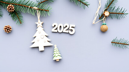 Wall Mural - New Year 2025 Celebration with Pine Branches and Wooden Ornaments