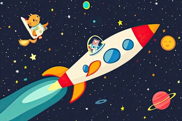 Wall Mural - two cartoon cats in spacesuits fly in a rocket through space