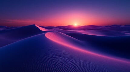 A desert with large dunes. The sun has already set. The lighting is violet and blue. 