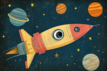Wall Mural - a yellow and red spaceship soaring through a starry night