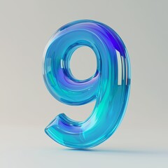 Poster - A large translucent blue number nine standing upright on a light background, showcasing a modern and artistic design