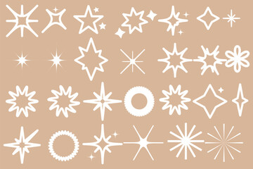 Wall Mural - Hand drawn gold star sparkle shine of doodle set. Yellow star shine twinkle glow, spark glitter, magic party light vector illustration. Hand drawn sketch doodle style line sparkle elements