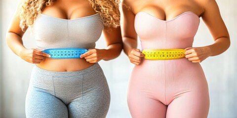 Two women comparing body shapes measuring waist with tape measure