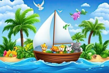 Cartoon Animals Sailing on a Boat in a Tropical Paradise