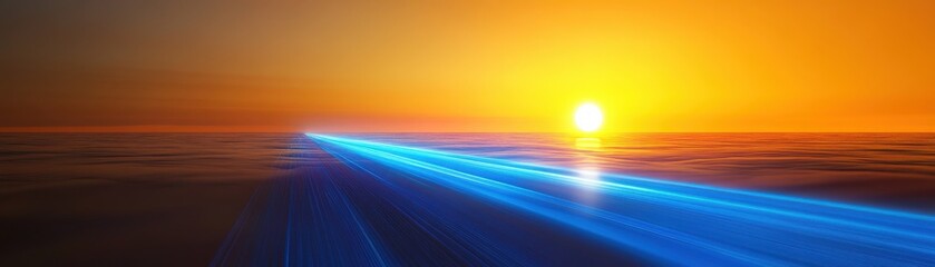 Sticker - Stunning Sunset Over Ocean with Futuristic Blue Light Trails on Water