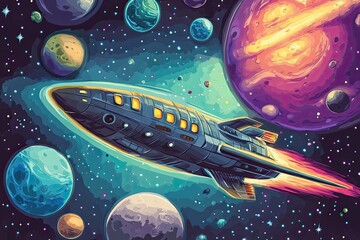 Wall Mural - a spaceship flying through a starry field with planets