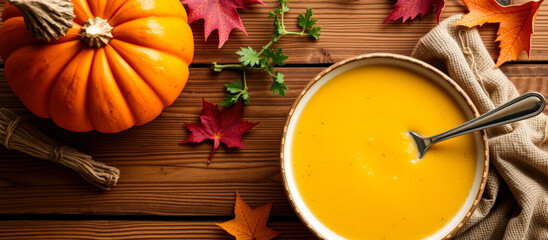 Canvas Print - Pumpkin soup with fall foliage