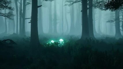 Wall Mural - A mysterious, foggy forest with silhouettes of trees and a glowing light in the distance.