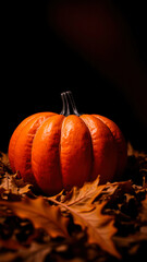 Canvas Print - Single Pumpkin Sitting on Fall Leaves