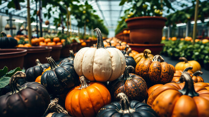 Canvas Print - A Pile of Pumpkins in a Greenhouse