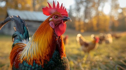 Closeup portrait of a rooster in the sunny countryside landscape