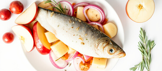 Canvas Print - Baked fish with apple, cheese and red onion