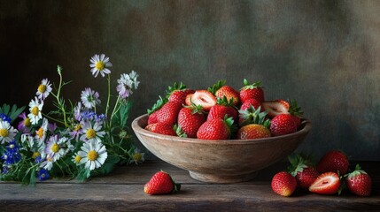 A rustic wooden table adorned with a bowl of freshly picked strawberries, some sliced and others whole, with a backdrop of wildflowers.