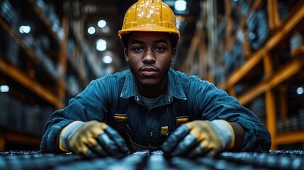 A focused worker in a warehouse, showcasing dedication and safety.