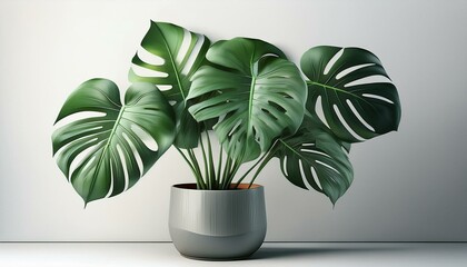 lush monstera plant with glossy leaves in sleek modern planter minimalist white background