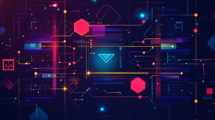 Poster - Abstract digital background with neon lines and glowing shapes.
