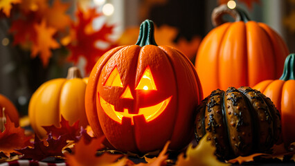 Canvas Print - Glowing Jack-o'-lantern with Autumn Leaves