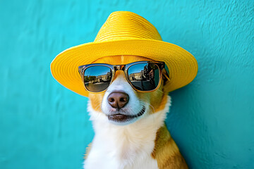 Wall Mural - A stylish dog poses in a bright yellow hat and sunglasses against a vibrant turquoise background, looking cool.