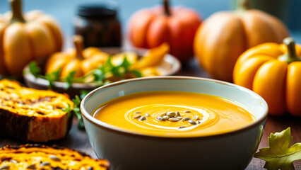 Canvas Print - Pumpkin soup with pumpkin seeds and a swirl of cream